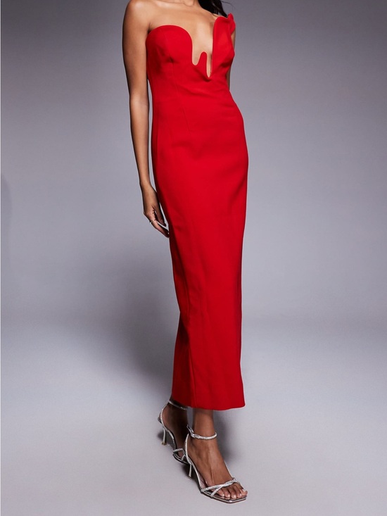 Bardot Dresses & Skirts - Bardot Red Strapless Midi Dress with Sculpted Flame Neckline in fire red